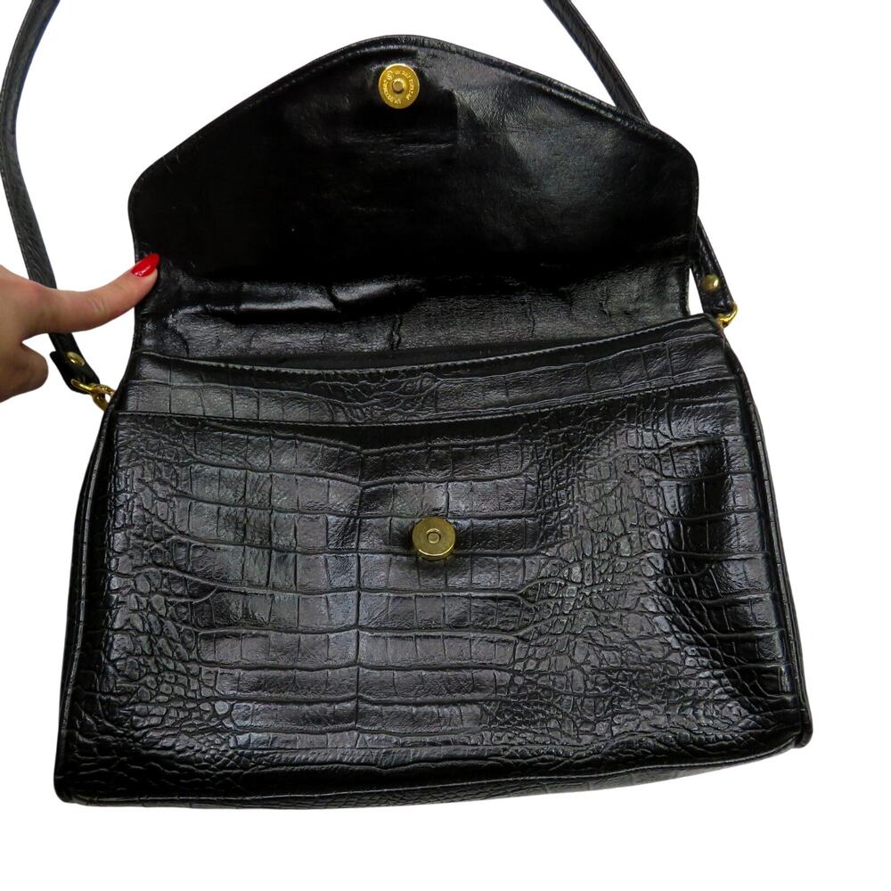 Vintage 1970s Croc Embossed Leather Crossbody Bag Black Gold Medium - Picture 6 of 10